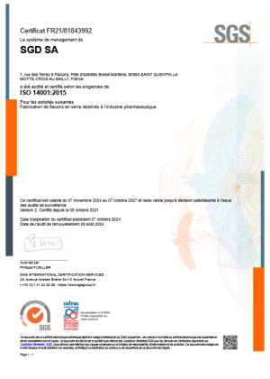 SGD SA SQLM Certificat ISO 14001 2024